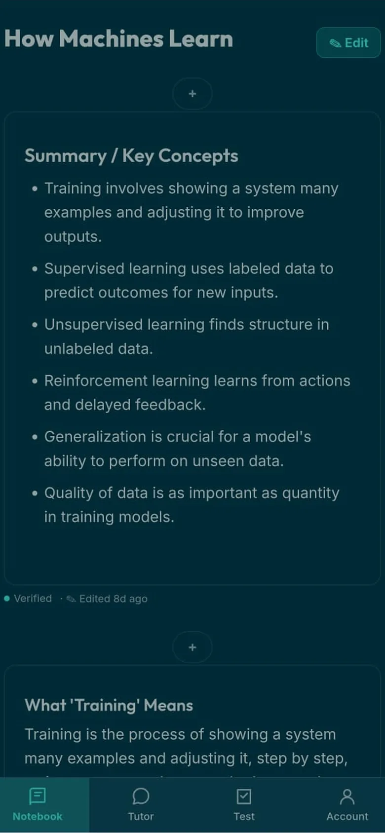 An approved note open on a phone: How Machines Learn, a Summary and Key Concepts list, marked Verified.