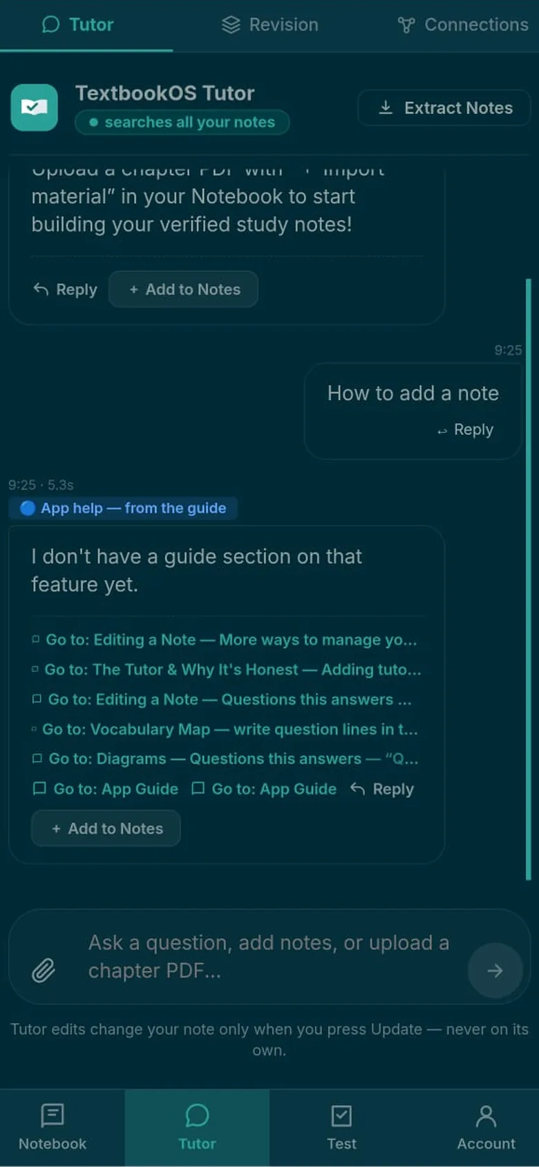 The Tutor answering “How to add a note” with “I don't have a guide section on that feature yet”, badged “App help — from the guide”, followed by suggested guide sections to go to instead.