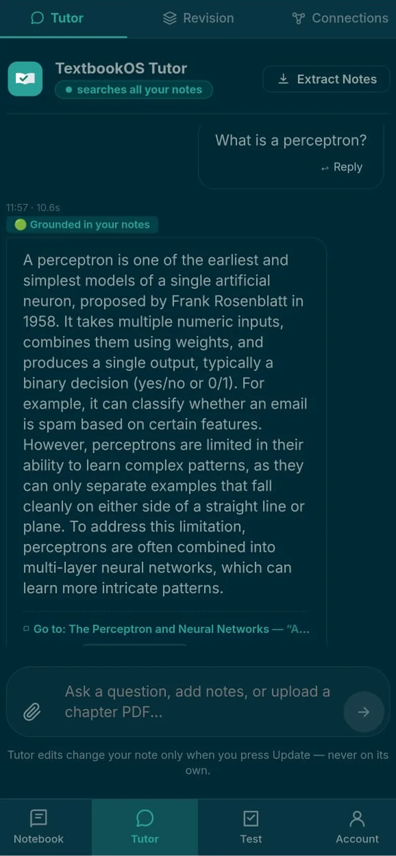 The Tutor answering “What is a perceptron?”, badged “Grounded in your notes”, with a full explanation and a link to the source note it came from.