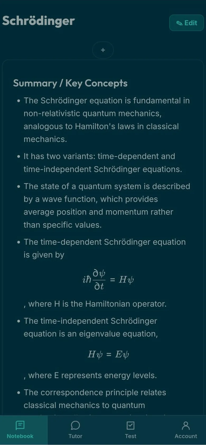 A note open on a phone, carried with you: Schrödinger, with the wave equation rendered as real mathematics inside the note.