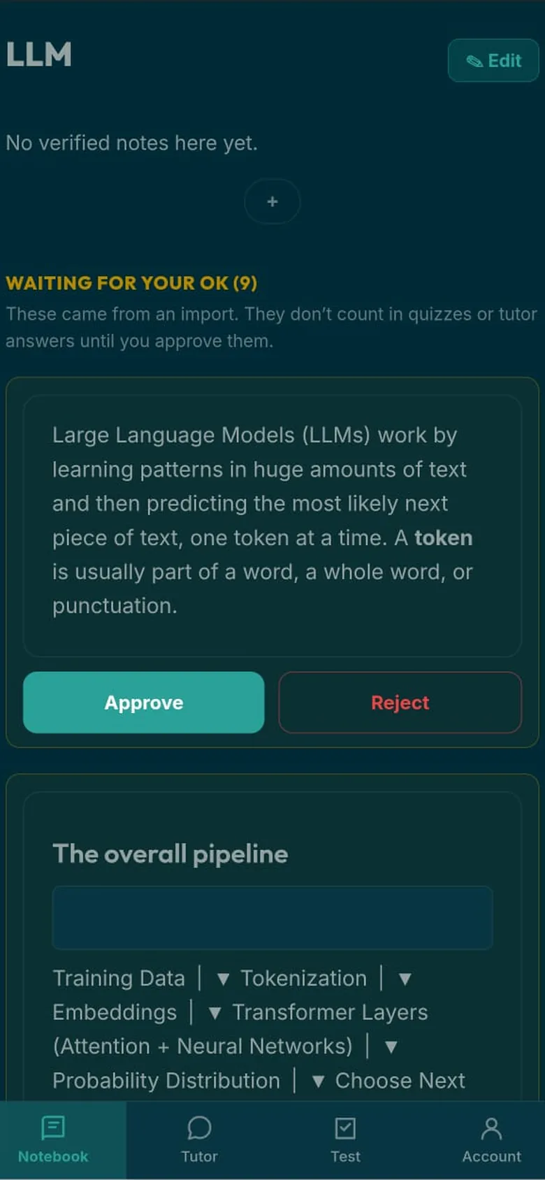 The review queue on a phone: “Waiting for your OK (9)” — draft notes pulled from an import, each with Approve and Reject buttons, and a line explaining they do not count in quizzes or tutor answers until you approve them.